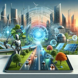 A blend of advanced technologies in a modern, forward-looking cityscape, symbolizing a sustainable and technologically advanced future.