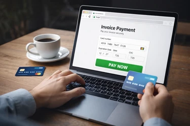 Illustration of secure invoice payment via debit or credit card using a personalized payment link