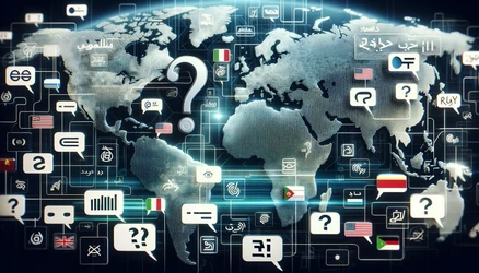 A modern digital background with a global map motif, flag icons (some with a faded look or question marks), and symbols for various languages including speech bubbles with the word "Hello" in different languages. 